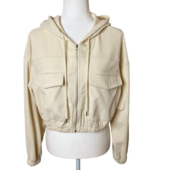 Shein Women's Corduroy Jacket Size L Cream Zip Up Hoodie Cropped Flap Pockets - Picture 2 of 7